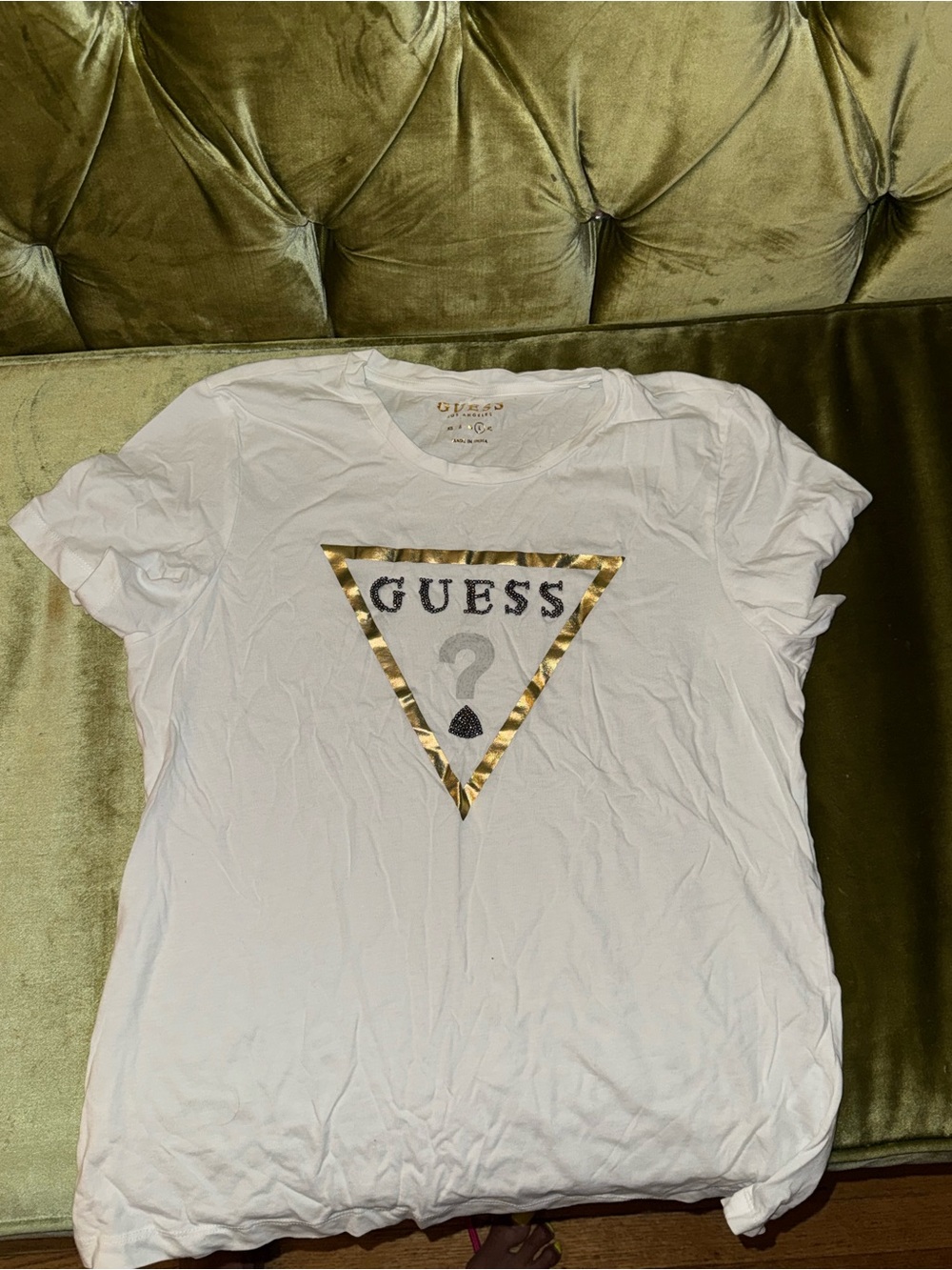 GUESS White Short Sleeve Logo Tee with Gold Triangle